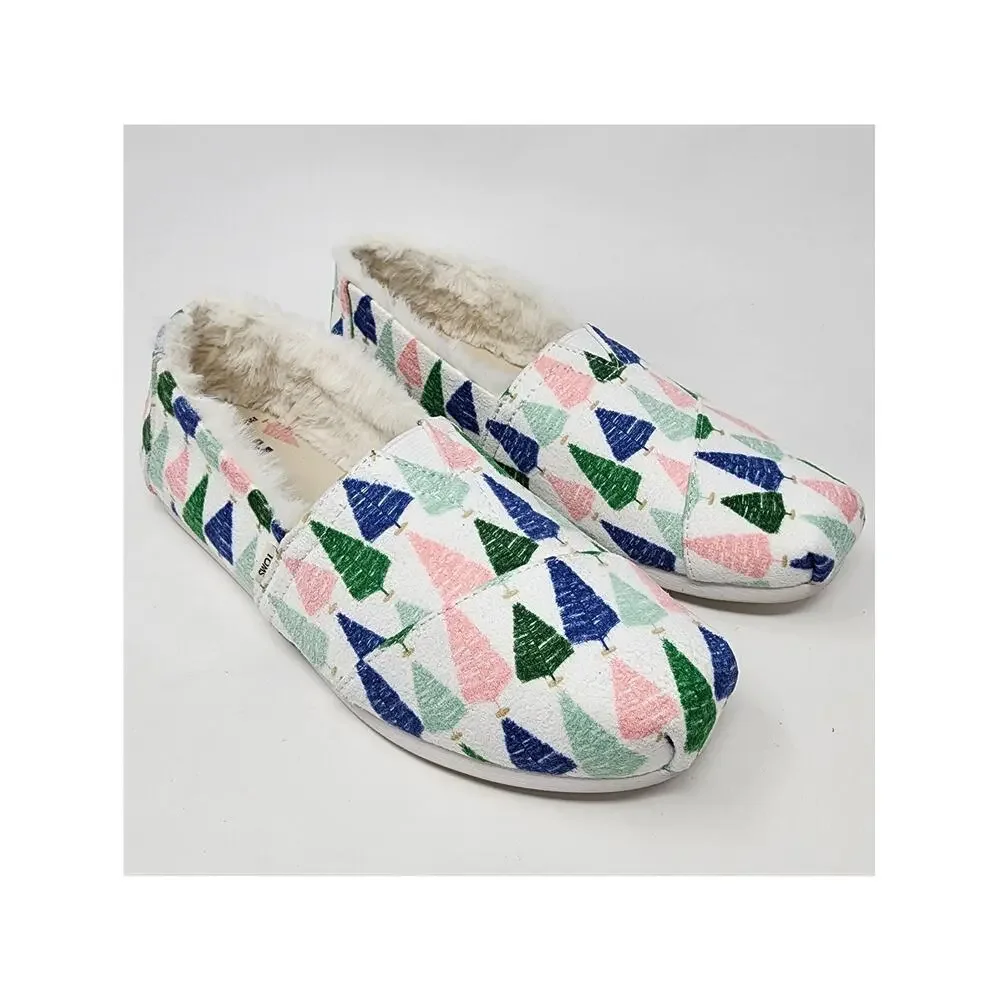 TOMS X Paper Source Espadrilles Women 5.5 Colorful Trees with faux fur edge Flat